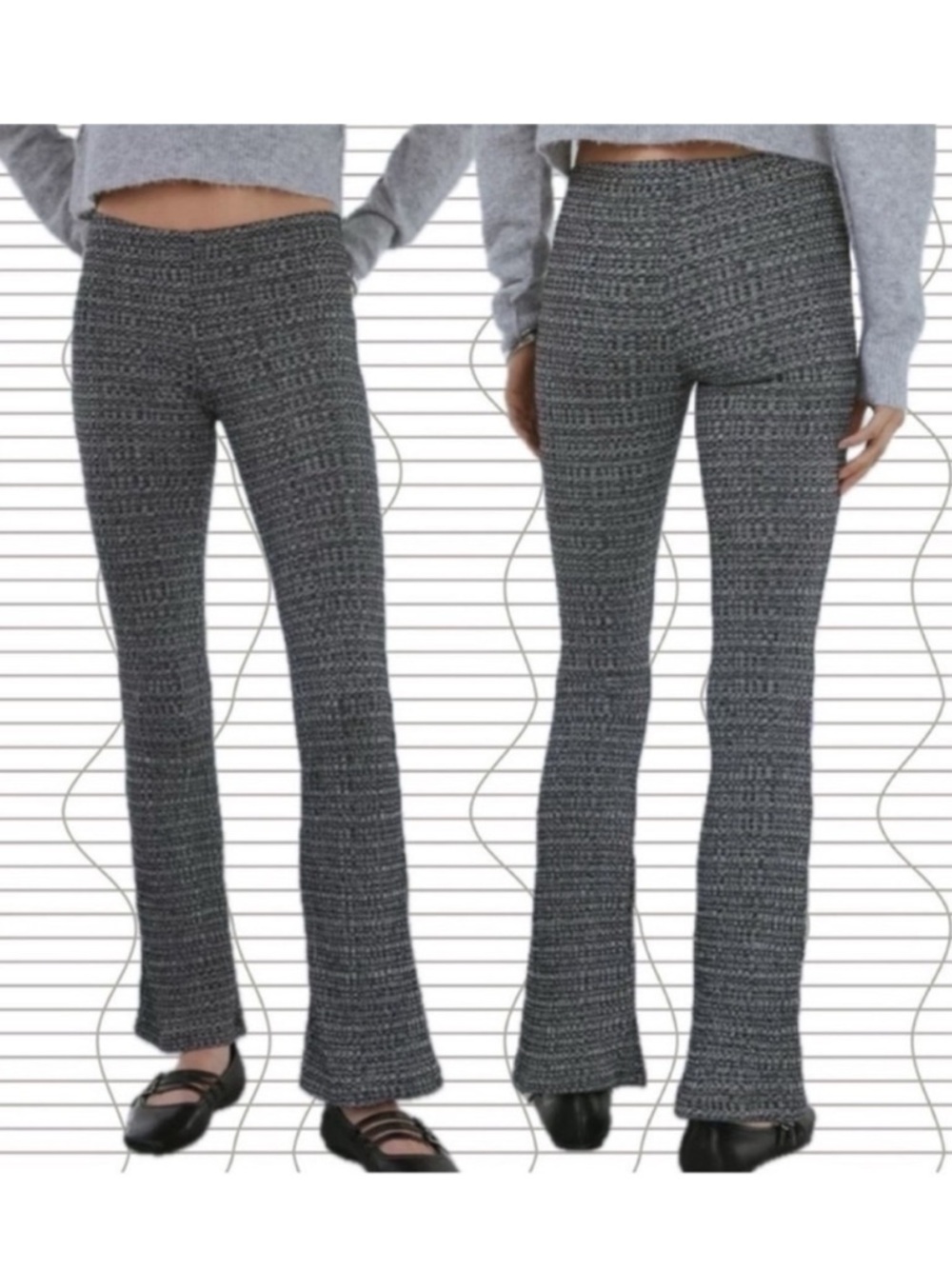 Urban Outfitters | Pria Knit Pull On Flare Pant Black White Tweed New Large NWT